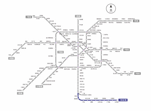 成都市地铁线路图-蓝色部分为最新开通的1号线3期段